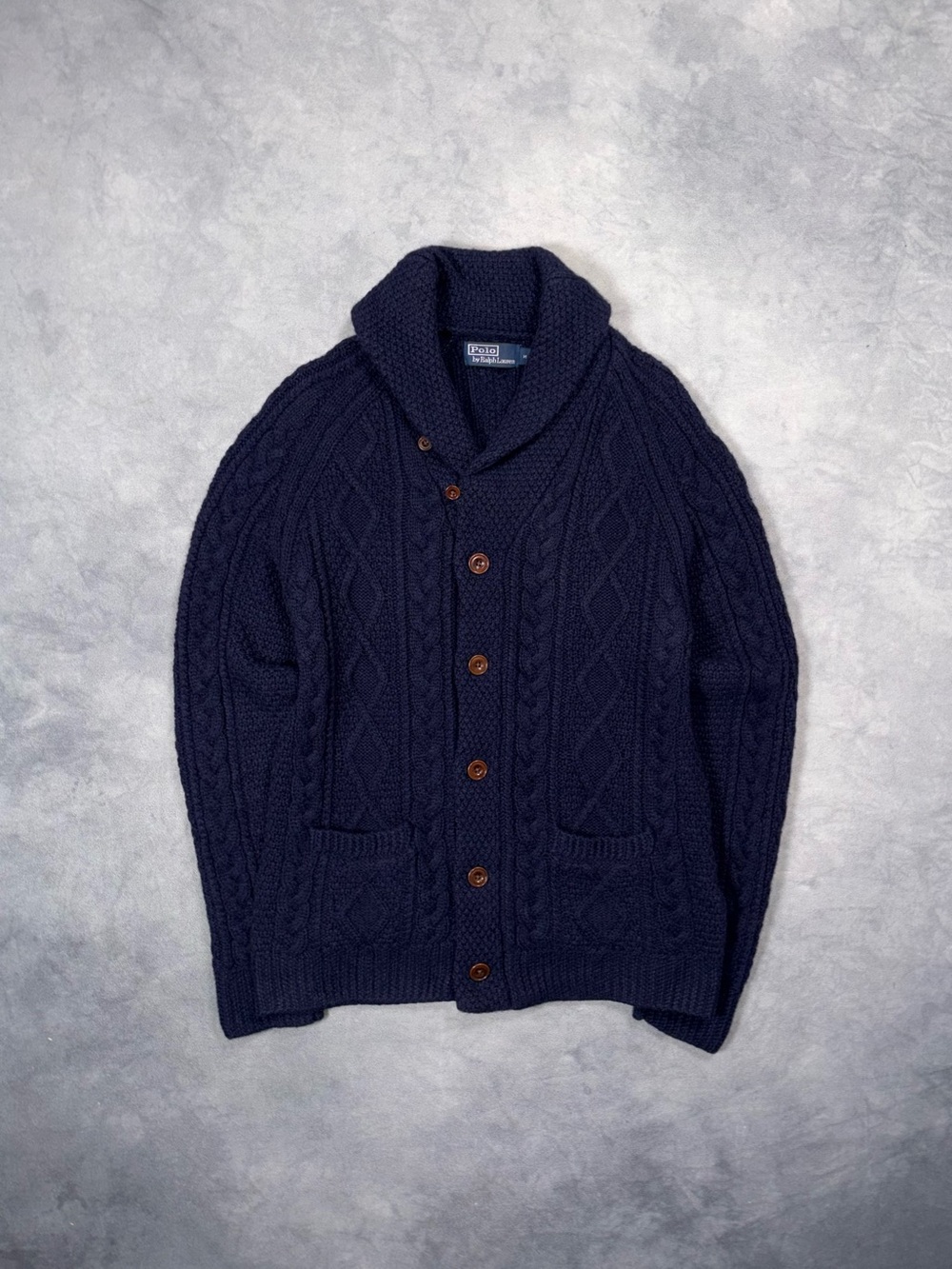 Polo Ralph Lauren Aran Knit Wool Alpaca Shawl Collar Navy Blue Cardigan Sweater